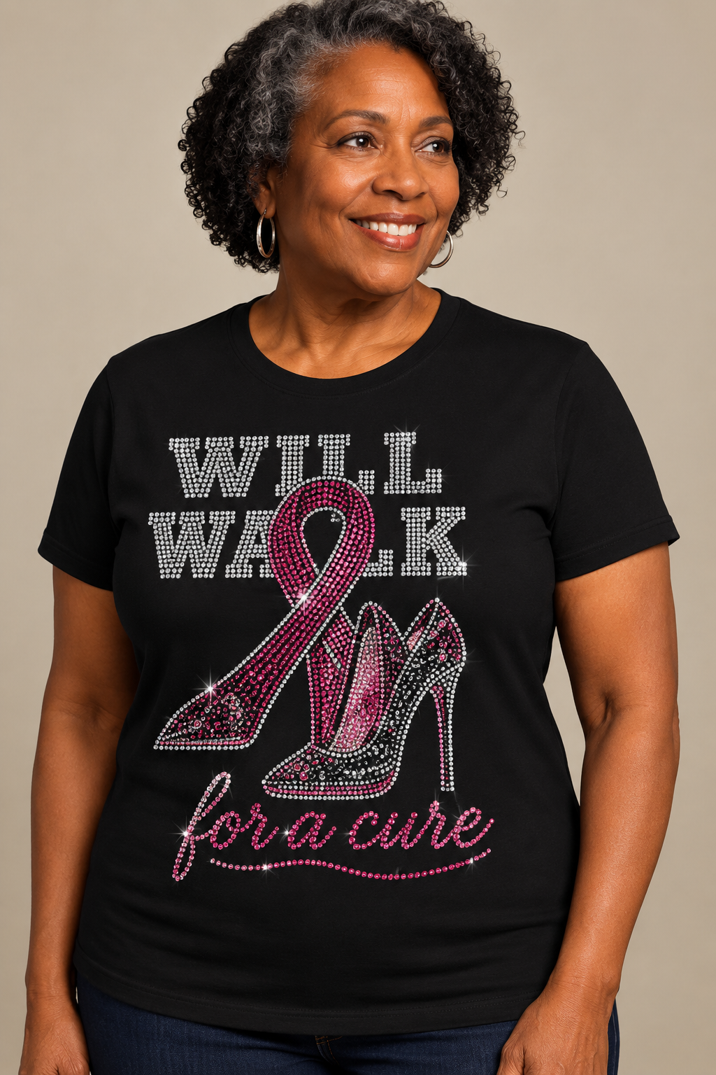 Breast Cancer Awareness Rhinestone T-Shirt with heal
