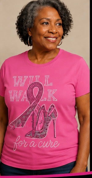 Breast Cancer Awareness Rhinestone T-Shirt with heal